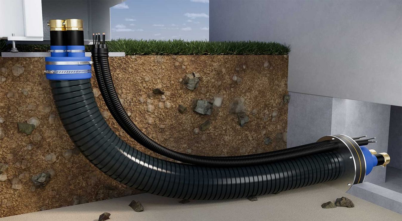 Gasdichtes Wärmepumpenrohr FLEXSTAR verbindet Wärmepumpe und Haus durch einen Graben
