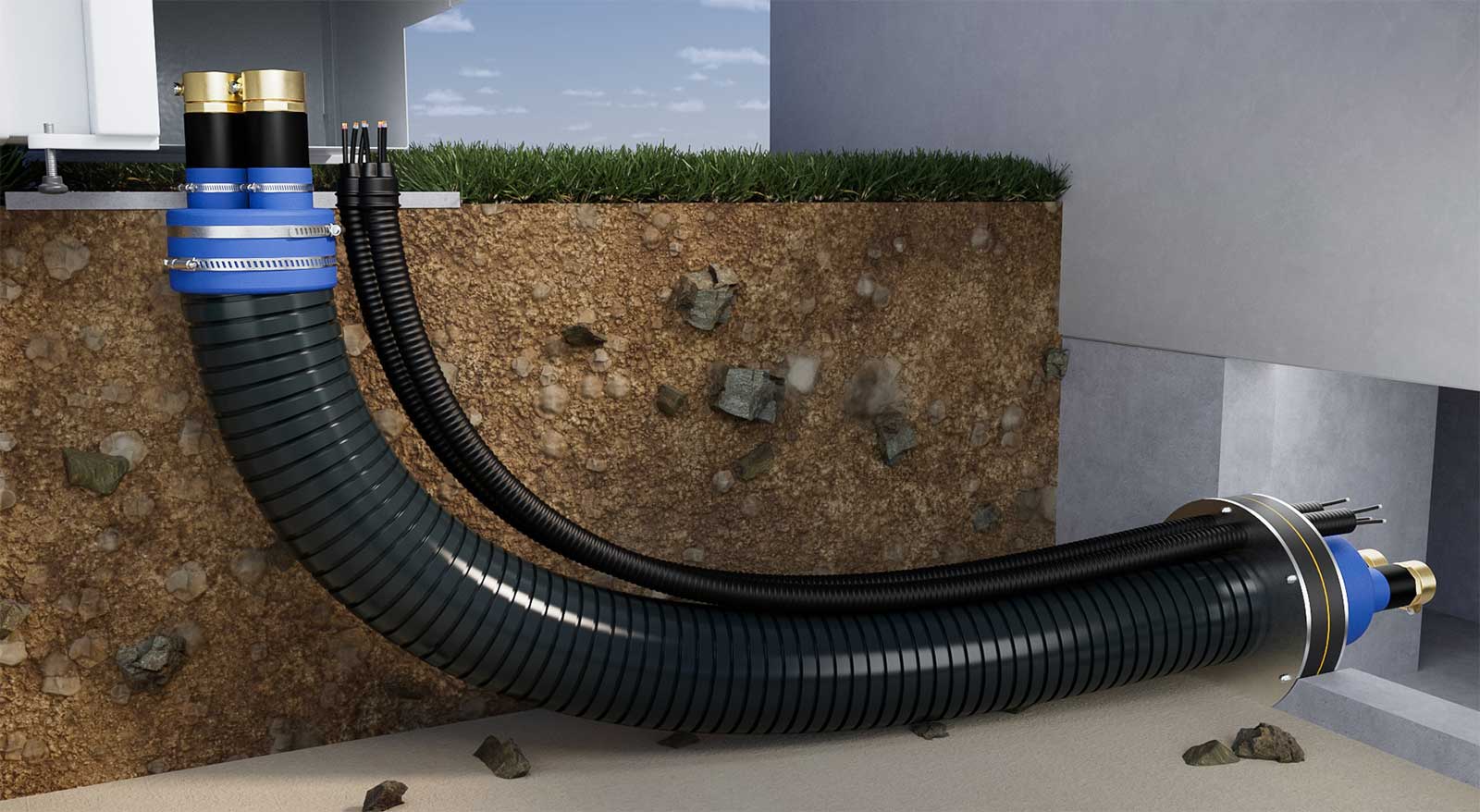 gasdichtes Wärmepumpenrohr FLEXSTAR verbindet Wärmepumpe und Haus in einem Graben